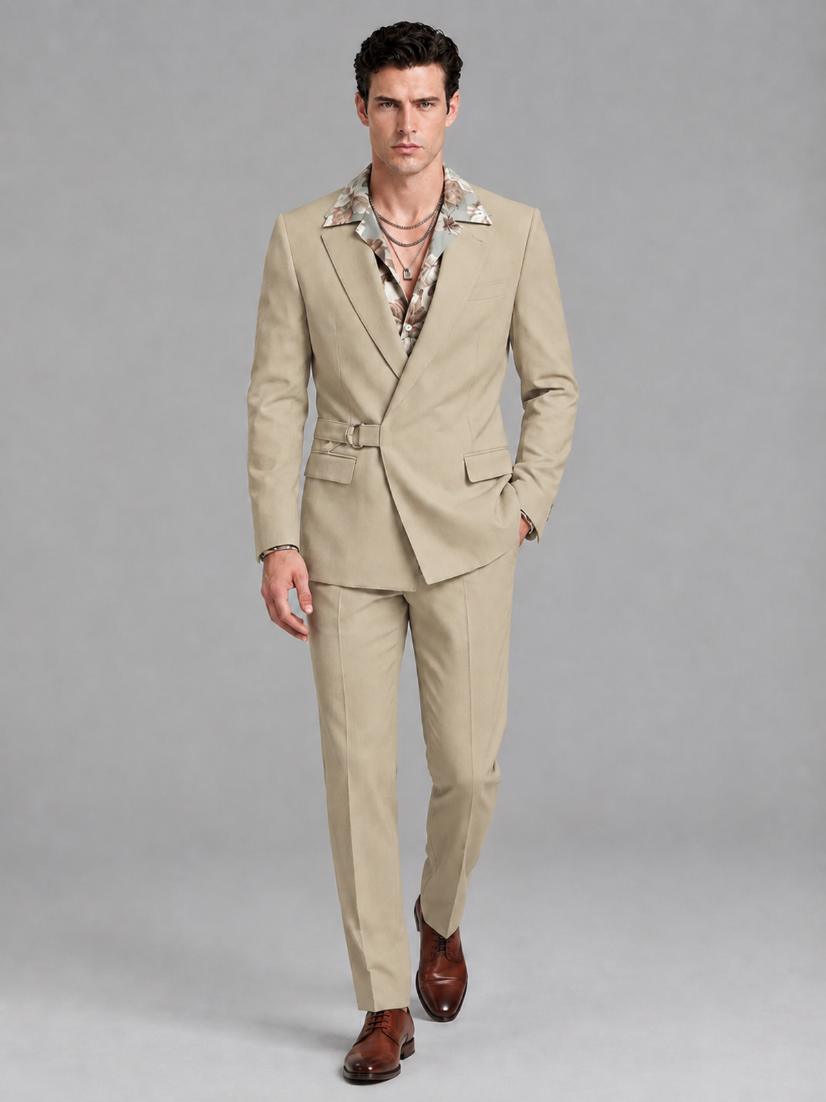 Savile Men's Champagne Belted Wrap 2-Piece Suit – Peak Lapel Blazer & Tailored Trousers - SUC060 - Champagne - Champagne_4
