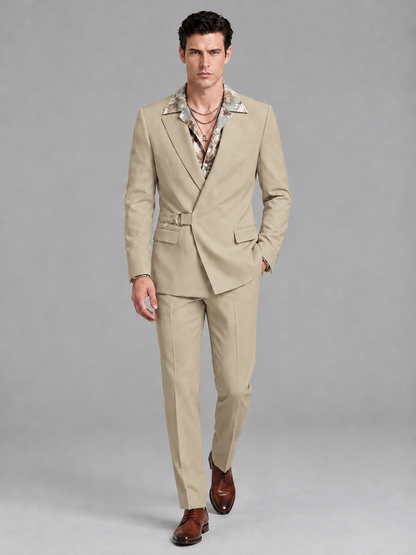Savile Men's Champagne Belted Wrap 2-Piece Suit – Peak Lapel Blazer & Tailored Trousers - SUC060 - Champagne - Champagne_4