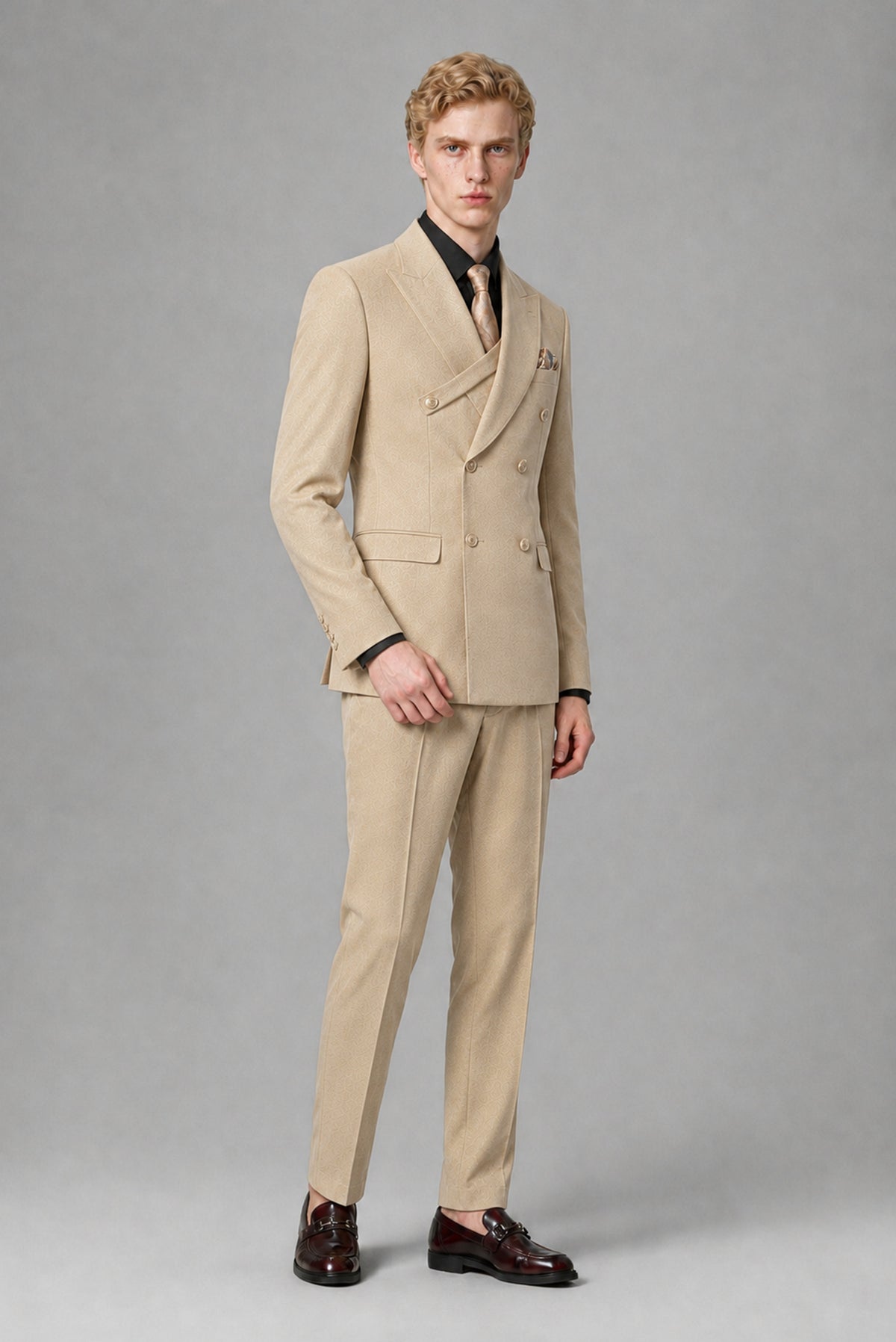 Savile Men's Champagne Double-Breasted Two-Piece Suit - Champagne