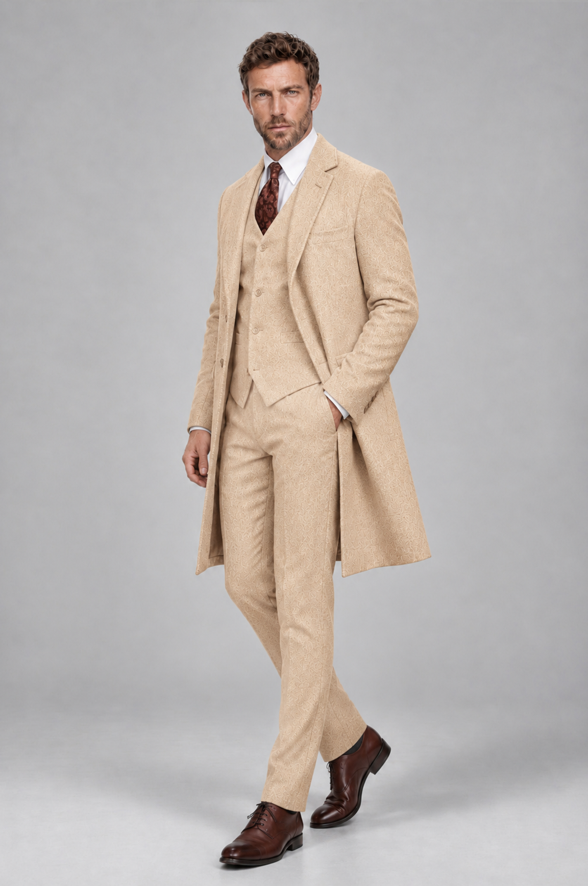 Savile Men's Champagne Grey 3-Piece Overcoat Suit Set – Notch Lapel Long Coat, Vest & Trousers - Champagne - Champagne_5