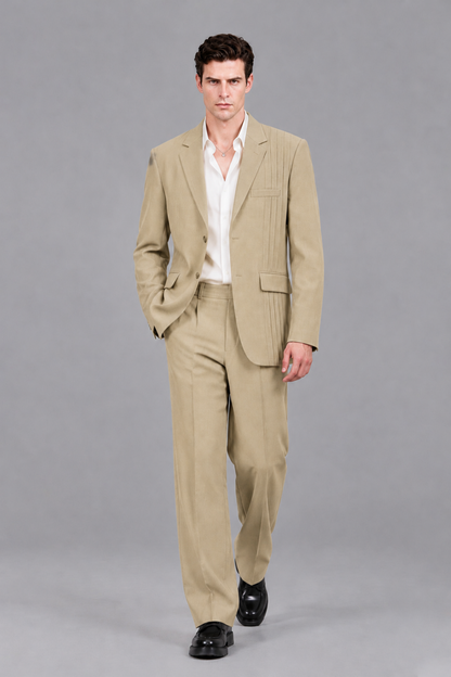 Savile Men's Champagne Pleated 2-Piece Suit Set | Notch Lapel Blazer & Tailored Trousers - Champagne - Champagne_5