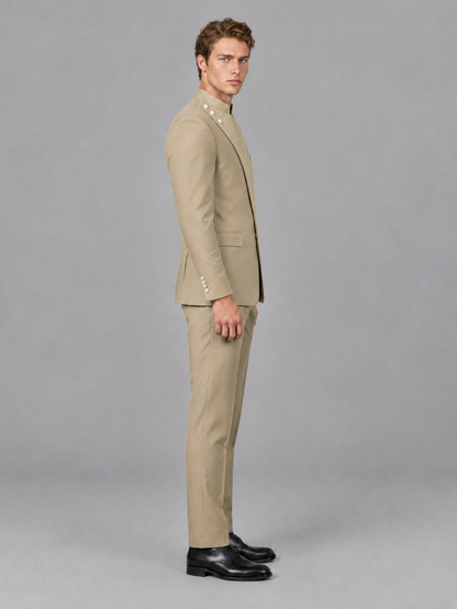 Savile Men's Champagne Mandarin Collar Asymmetrical 2-Piece Suit Set – Modern Jacket & Trousers - Champagne - Champagne_5