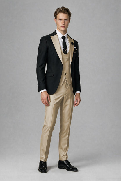 Savile Men's Black & Champagne Three-Piece Wedding Suit - Champagne