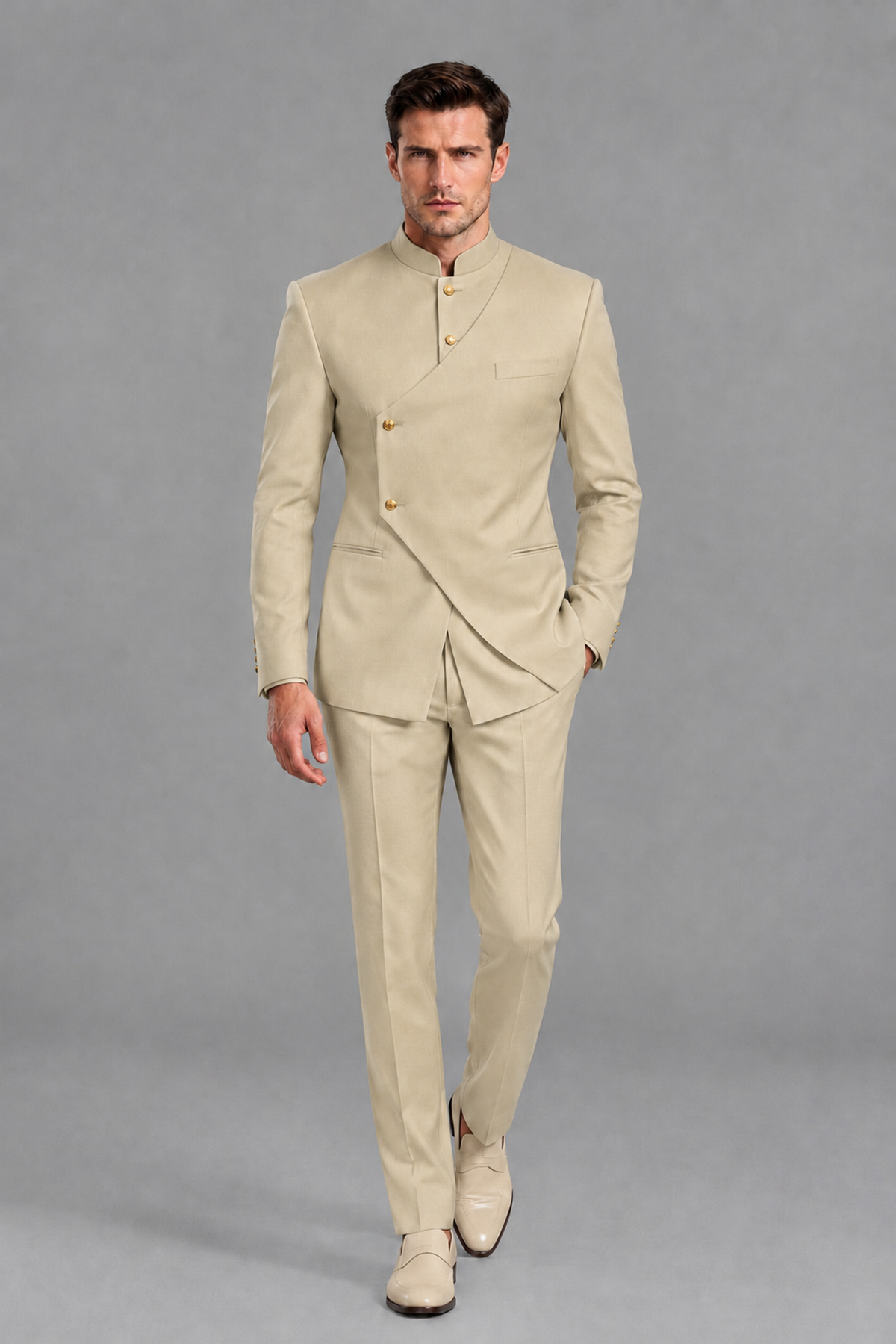 Savile Men's Champagne Asymmetrical Mandarin Collar Tuxedo Suit – Modern 2-Piece Gold Button Wedding, Prom & Gala Set - Champagne - Champagne_5