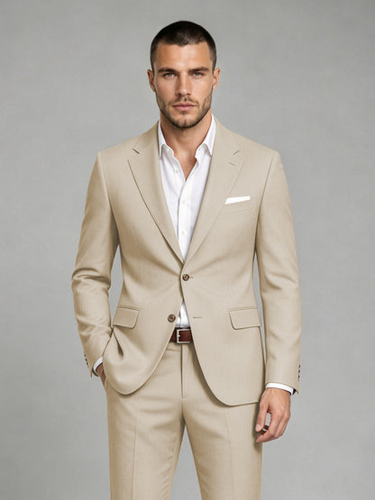 Savile Men's Dark Champagne Wool-Blend 2-Piece Suit Set – Two-Button Notch Lapel Slim-Fit Blazer & Turn-Up Trousers - Champagne