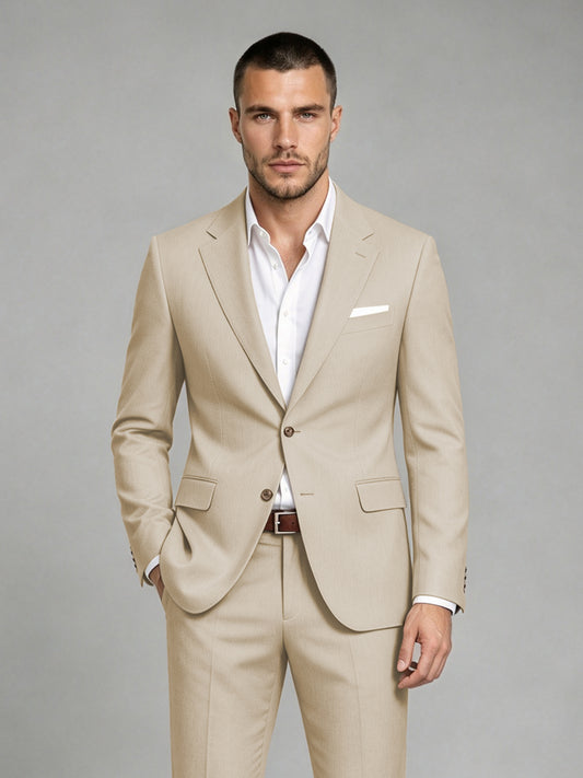 Savile Men's Dark Champagne Wool-Blend 2-Piece Suit Set – Two-Button Notch Lapel Slim-Fit Blazer & Turn-Up Trousers - Champagne