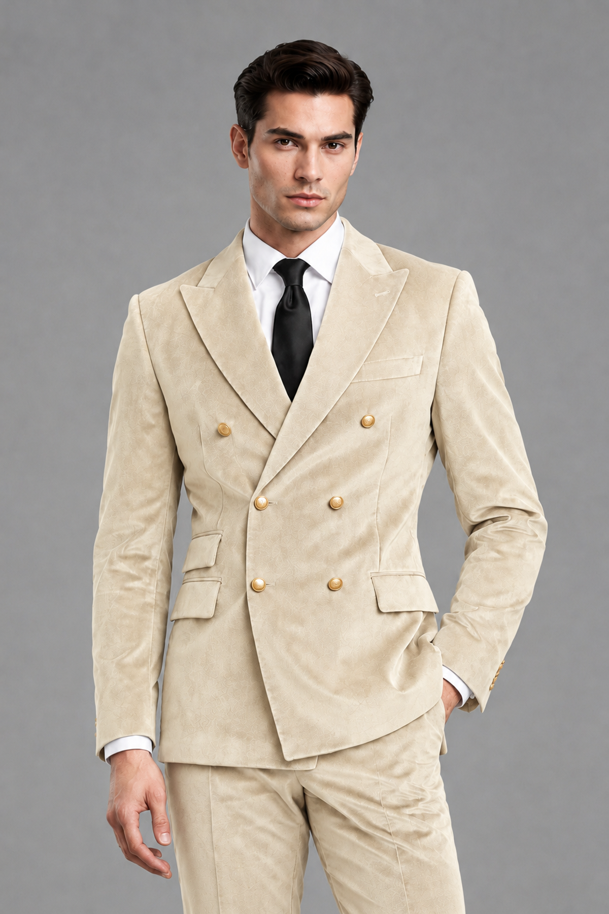 Savile Men's Champagne Velvet Double-Breasted 2-Piece Suit Set | Peak Lapel Blazer & Trousers - Champagne