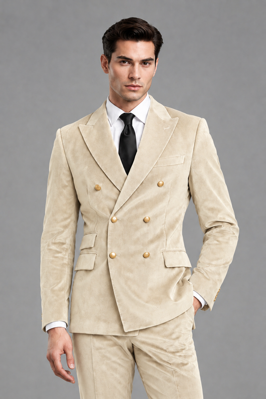 Savile Men's Champagne Velvet Double-Breasted 2-Piece Suit Set | Peak Lapel Blazer & Trousers - Champagne