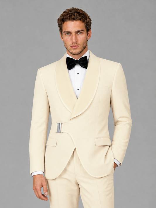 Savile Men's Champagne Velvet Shawl Lapel Tuxedo Suit – Modern Side-Buckle Dinner Jacket & Trousers 2-Piece Set - Champagne