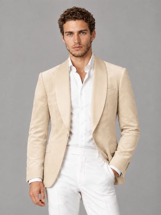 Savile Men's Champagne Velvet Shawl Lapel 2-Piece Tuxedo Suit Set | Jacket & White Trousers - Champagne - Champagne (1)