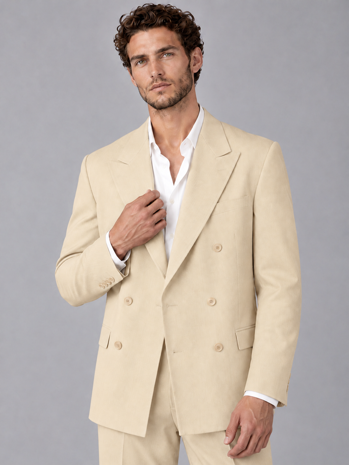 Savile Champagne Beige Double-Breasted 2-Piece Suit with Peak Lapel - Champagne