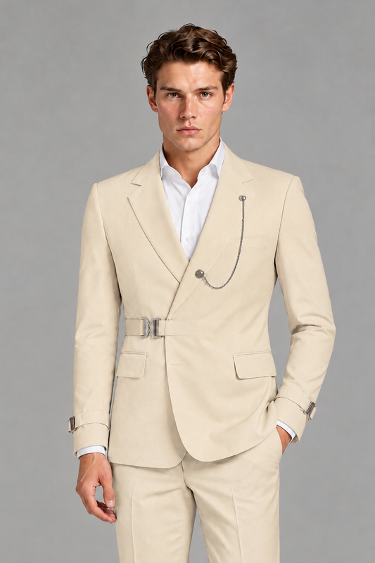 Savile Men's Champagne Buckle-Closure 2-Piece Suit Set | Peak Lapel Blazer & Trousers - Champagne