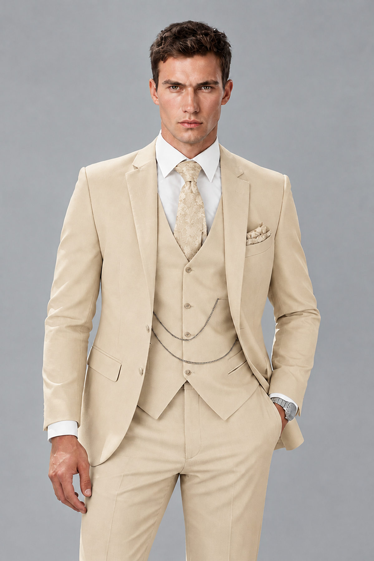 Savile Champagne 3-Piece Suit with Notch Lapel & Chain Vest - Champagne