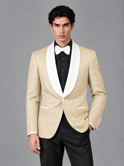 Savile Men's Champagne Jacquard White Shawl Lapel 2-Piece Tuxedo Suit Set | Jacket & Trousers - Champagne - Champagne (1)