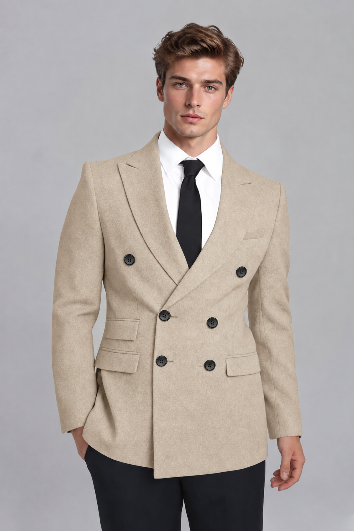Savile Men's Champagne Double-Breasted Peak Lapel Blazer - Champagne