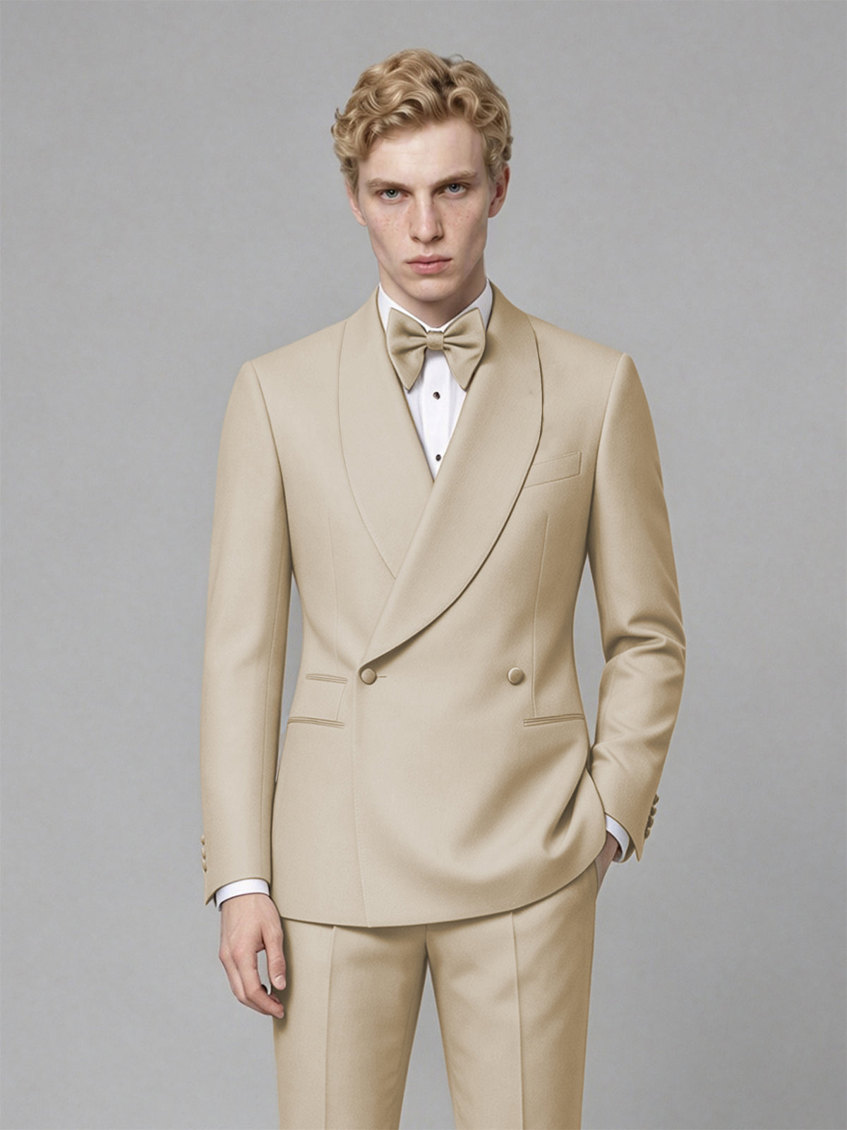 Men's Champagne Single-Button Champagne Satin Shawl Lapel Tuxedo Suit Set | Blazer & Trousers - Champagne