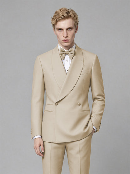 Men's Champagne Single-Button Champagne Satin Shawl Lapel Tuxedo Suit Set | Blazer & Trousers - Champagne