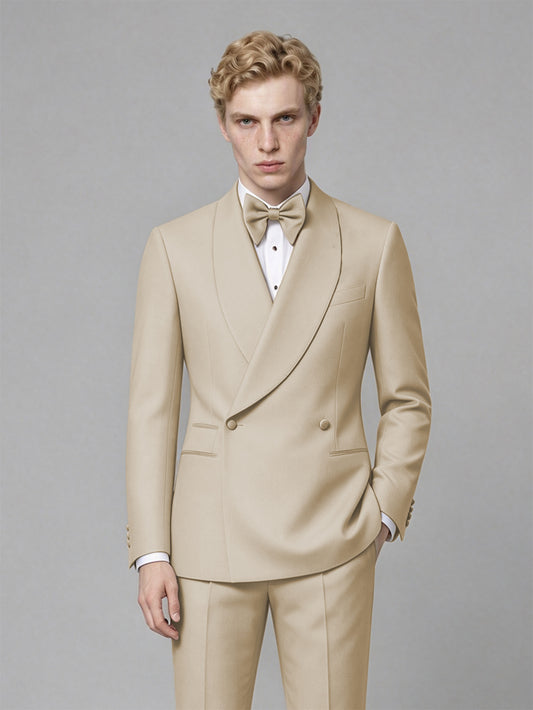 Men's Champagne Single-Button Champagne Satin Shawl Lapel Tuxedo Suit Set | Blazer & Trousers - Champagne