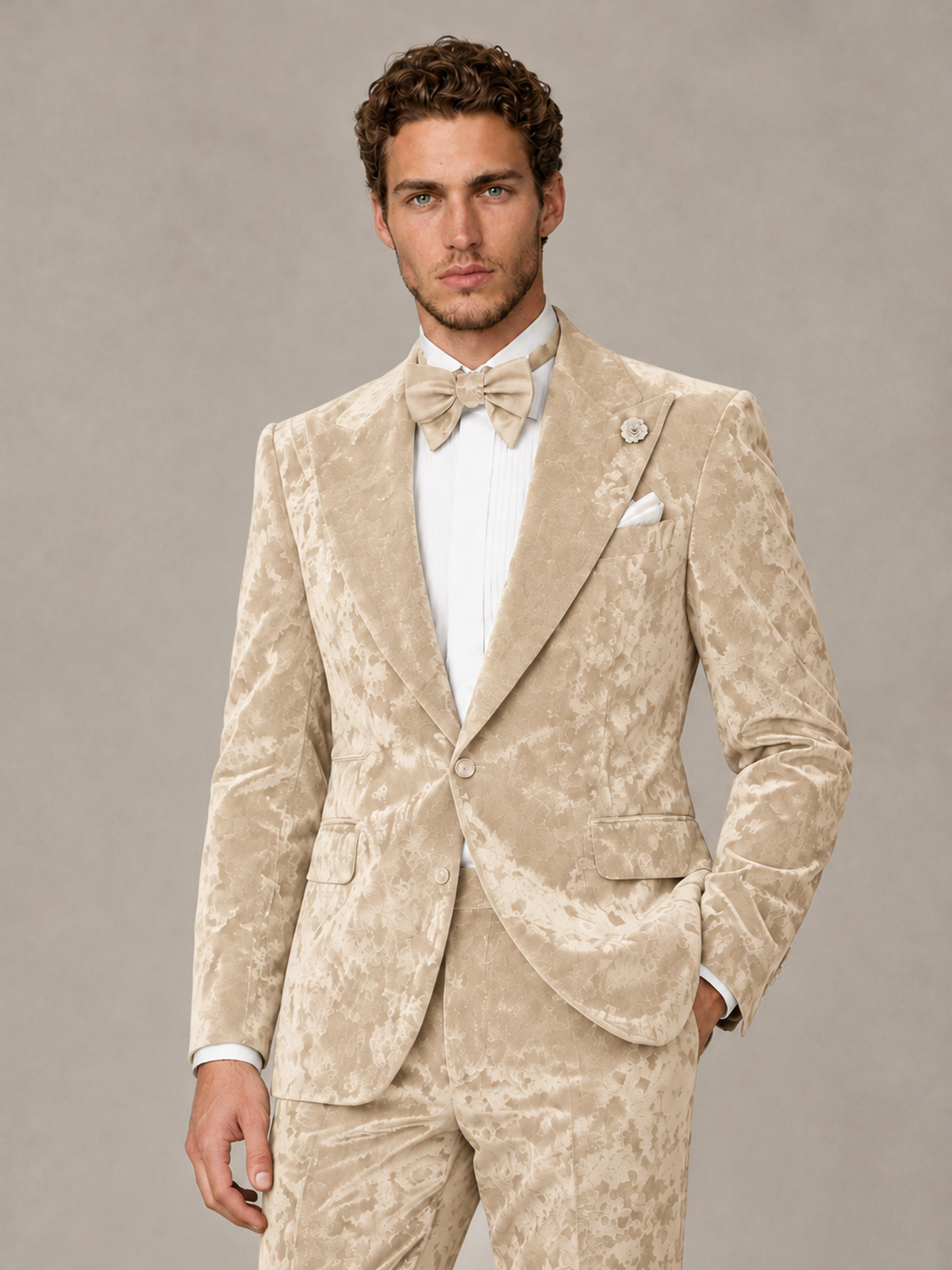 Savile Men's Champagne Crushed Velvet Peak Lapel 2-Piece Suit Set | Jacket & Trousers - Champagne - Champagne (1)