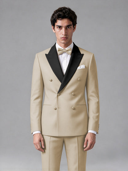 Men's Champagne Double-Breasted Satin Peak Lapel Tuxedo Suit Set (Jacket + Trousers) - Champagne