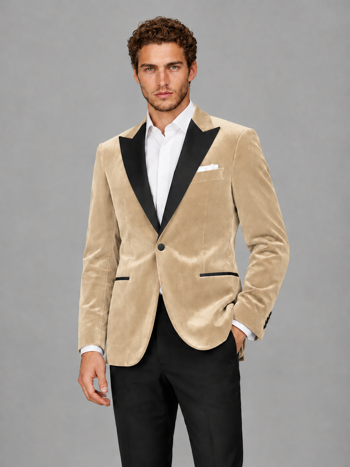 Savile Men's Champagne Velvet Peak Lapel 2-Piece Tuxedo Suit Set | Jacket & Trousers - Champagne