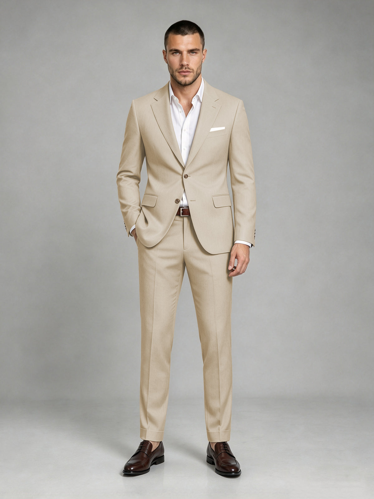 Savile Men's Dark Champagne Wool-Blend 2-Piece Suit Set – Two-Button Notch Lapel Slim-Fit Blazer & Turn-Up Trousers - Champagne