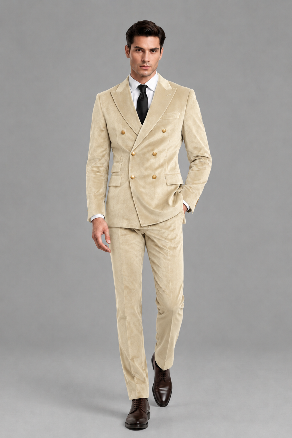 Savile Men's Champagne Velvet Double-Breasted 2-Piece Suit Set | Peak Lapel Blazer & Trousers - Champagne