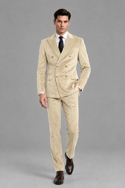 Savile Men's Champagne Velvet Double-Breasted 2-Piece Suit Set | Peak Lapel Blazer & Trousers - Champagne
