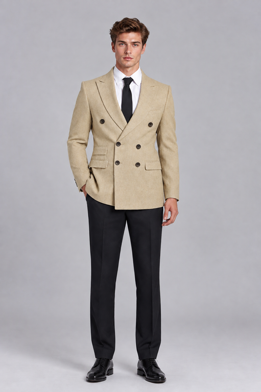 Savile Men's Champagne Double-Breasted Peak Lapel Blazer - Champagne