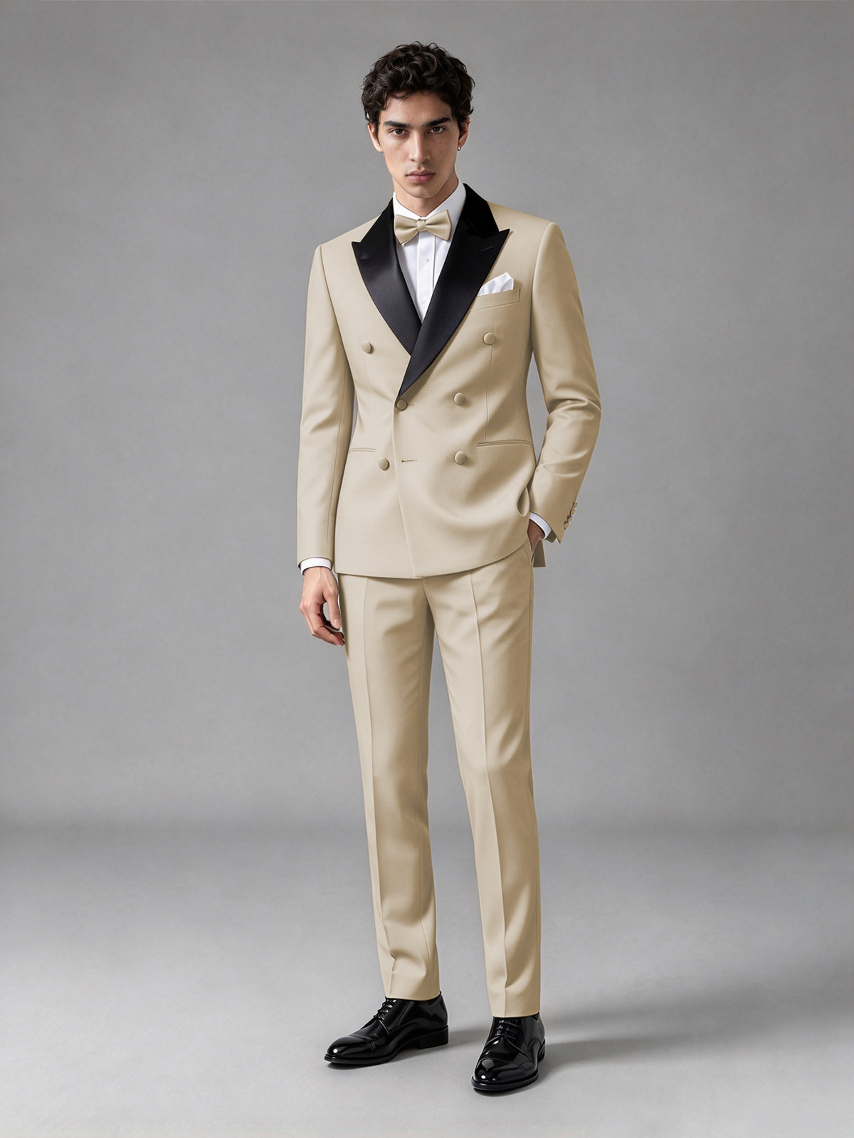 Men's Champagne Double-Breasted Satin Peak Lapel Tuxedo Suit Set (Jacket + Trousers) - Champagne