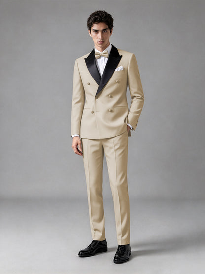 Men's Champagne Double-Breasted Satin Peak Lapel Tuxedo Suit Set (Jacket + Trousers) - Champagne