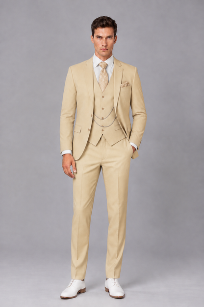 Savile Champagne 3-Piece Suit with Notch Lapel & Chain Vest - Champagne
