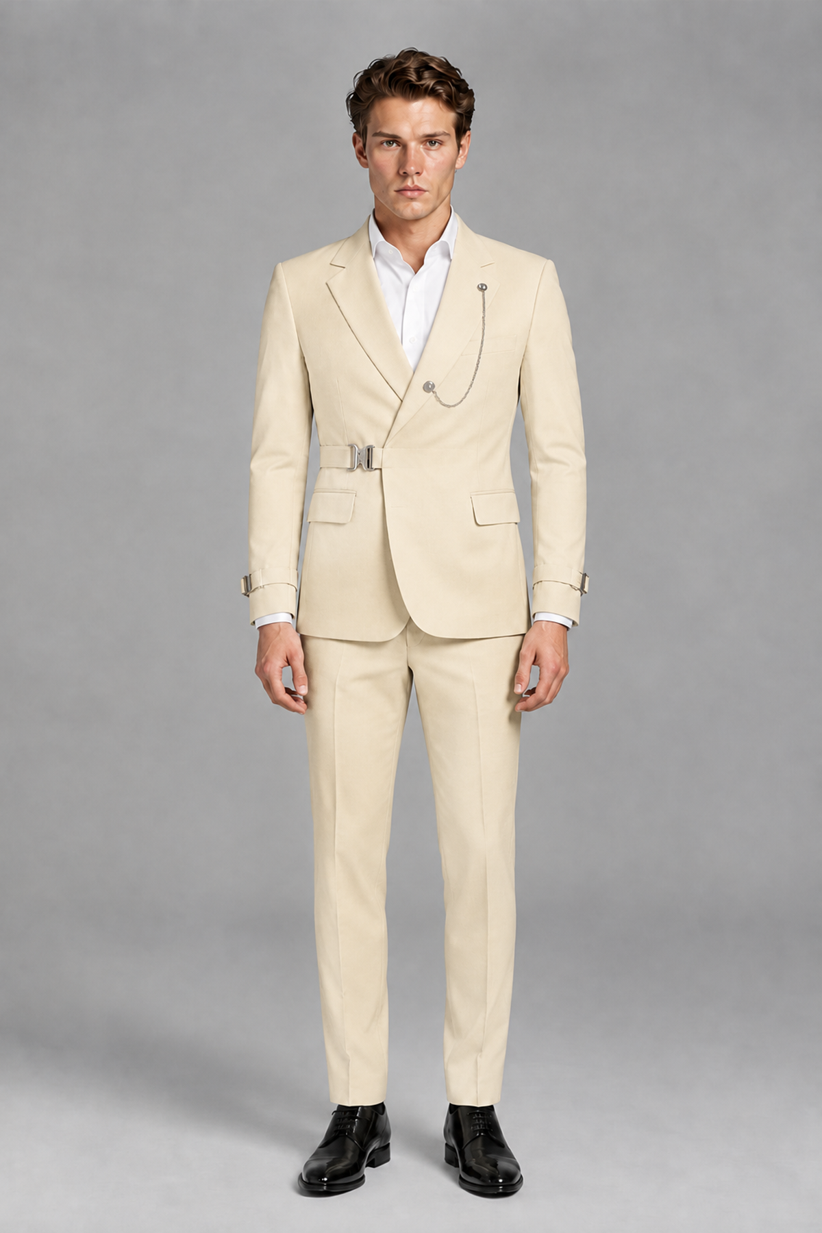 Savile Men's Champagne Buckle-Closure 2-Piece Suit Set | Peak Lapel Blazer & Trousers - Champagne