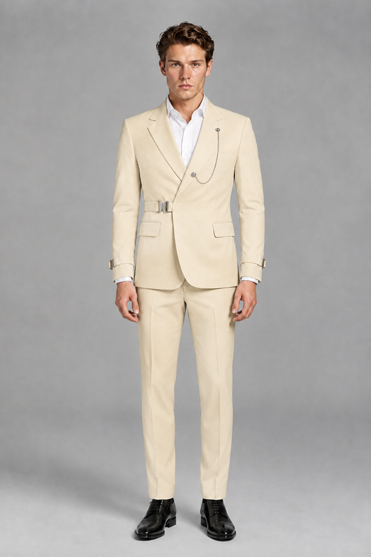 Savile Men's Champagne Buckle-Closure 2-Piece Suit Set | Peak Lapel Blazer & Trousers - Champagne