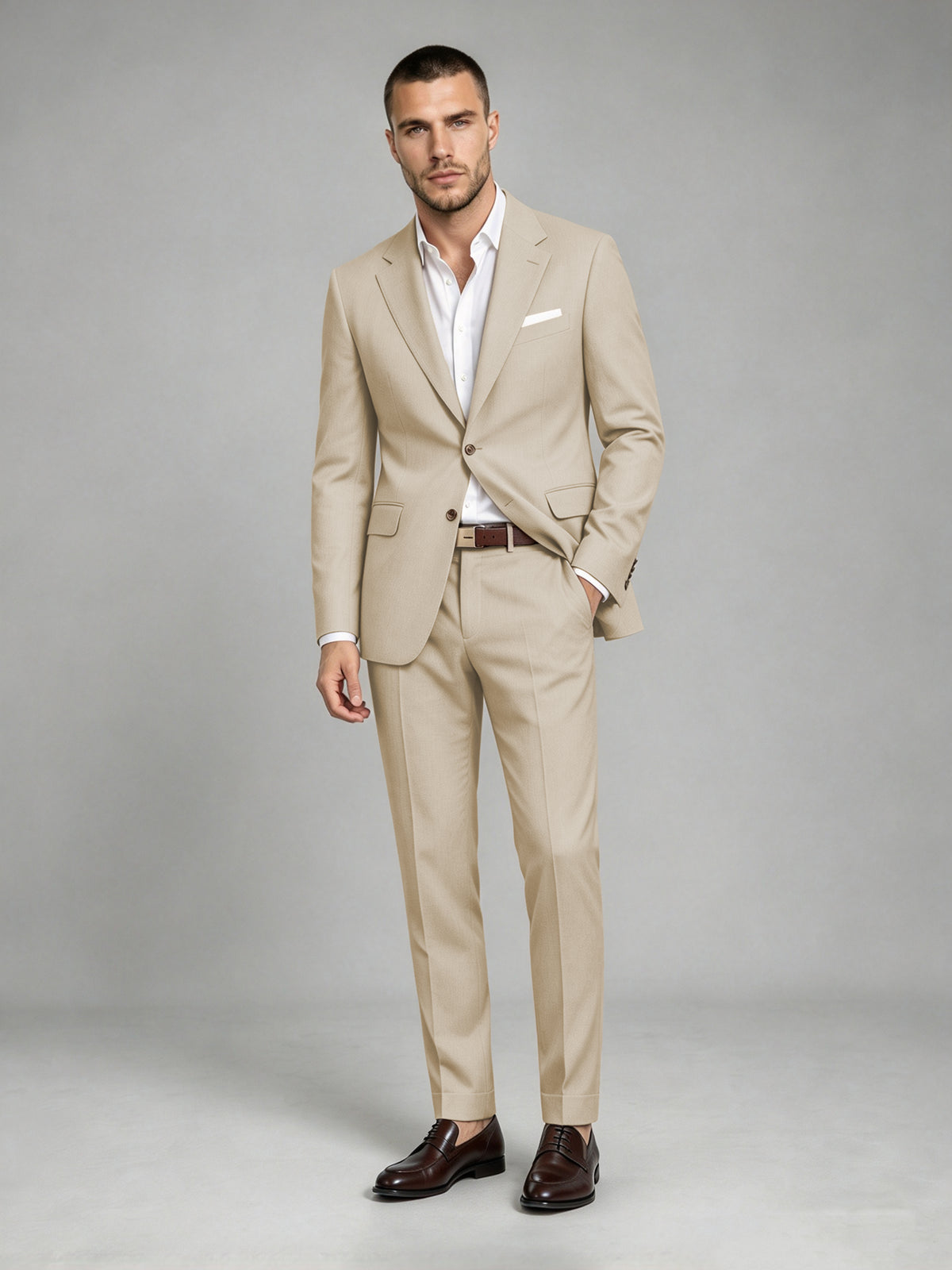 Savile Men's Dark Champagne Wool-Blend 2-Piece Suit Set – Two-Button Notch Lapel Slim-Fit Blazer & Turn-Up Trousers - Champagne