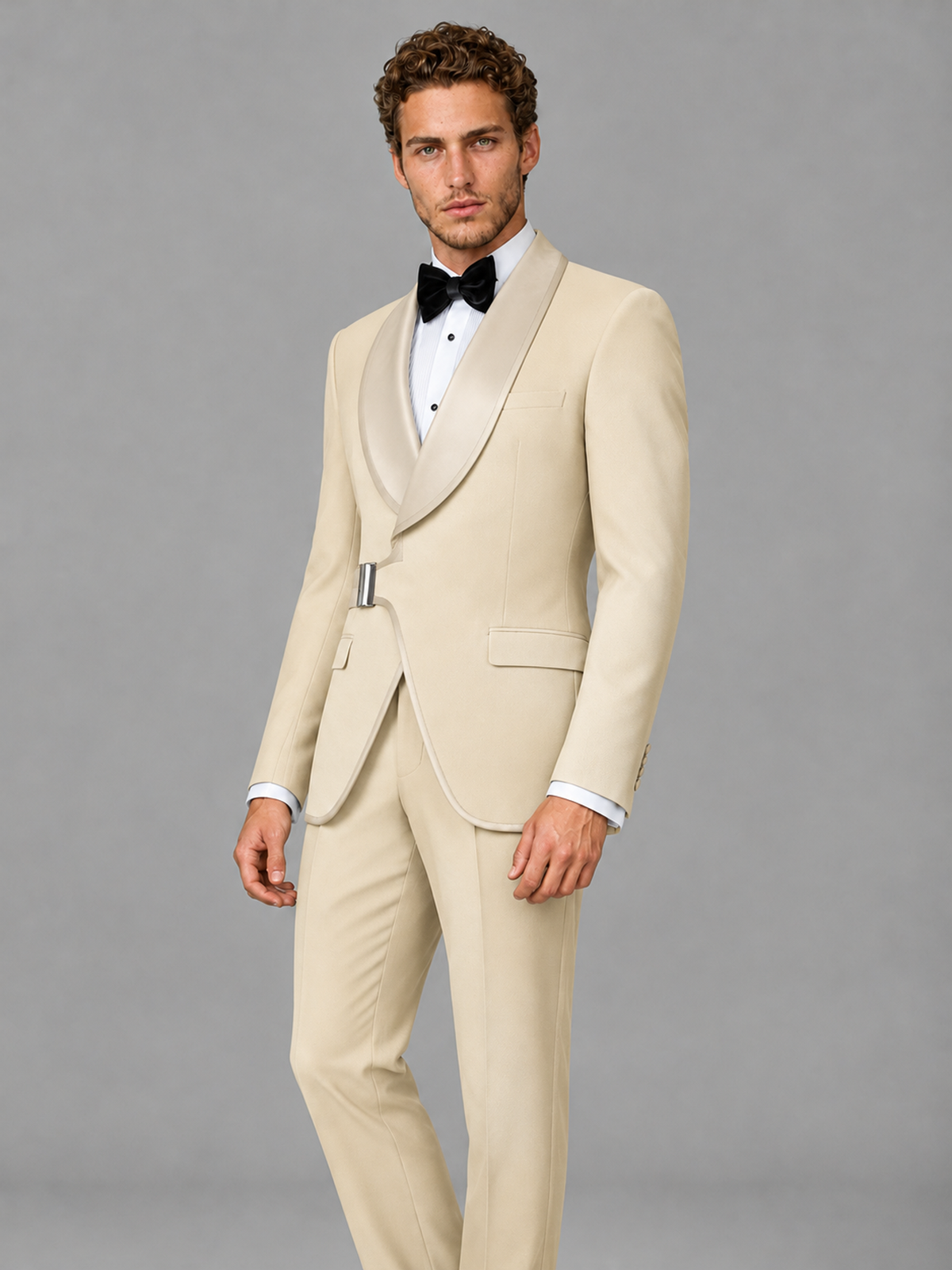 Savile Men's Champagne Velvet Shawl Lapel Tuxedo Suit – Modern Side-Buckle Dinner Jacket & Trousers 2-Piece Set - Champagne