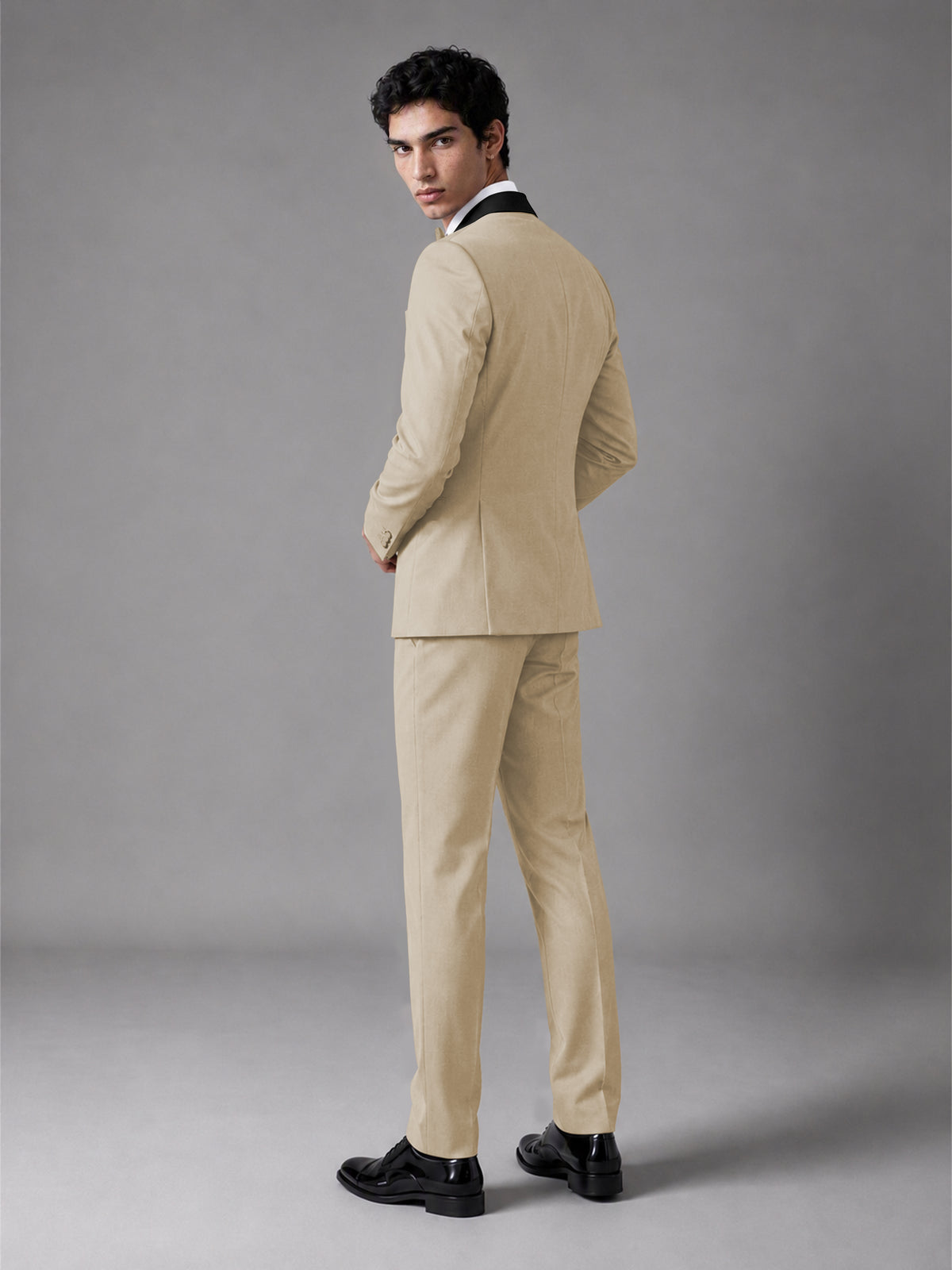 Men's Champagne Double-Breasted Satin Peak Lapel Tuxedo Suit Set (Jacket + Trousers) - Champagne