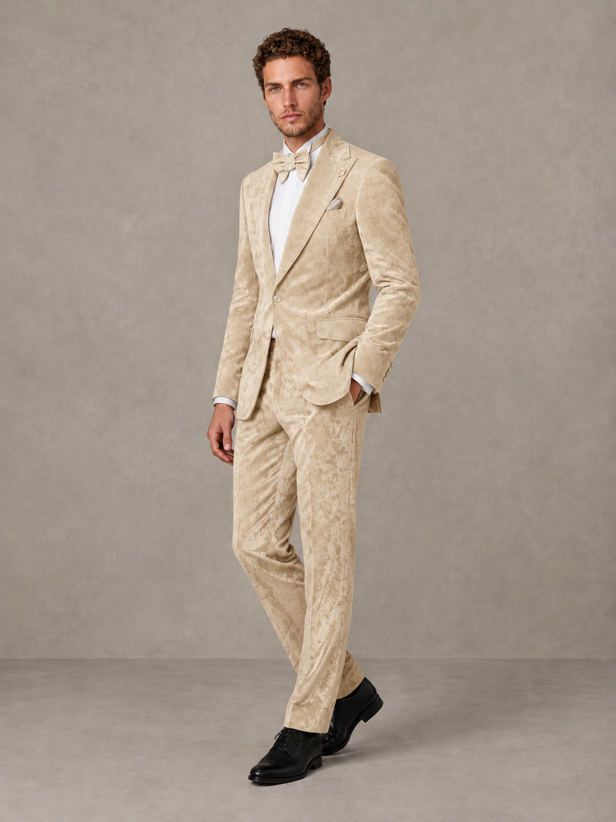 Savile Men's Champagne Crushed Velvet Peak Lapel 2-Piece Suit Set | Jacket & Trousers - Champagne - Champagne (3)