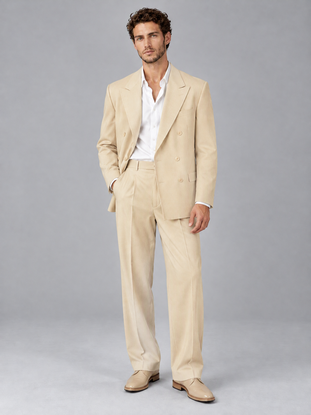 Savile Champagne Beige Double-Breasted 2-Piece Suit with Peak Lapel - Champagne