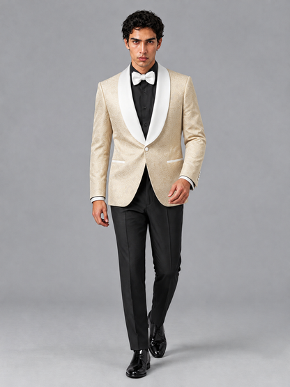 Savile Men's Champagne Jacquard White Shawl Lapel 2-Piece Tuxedo Suit Set | Jacket & Trousers - Champagne - Champagne (3)