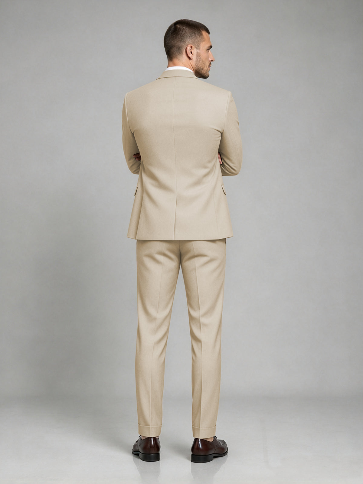 Savile Men's Dark Champagne Wool-Blend 2-Piece Suit Set – Two-Button Notch Lapel Slim-Fit Blazer & Turn-Up Trousers - Champagne