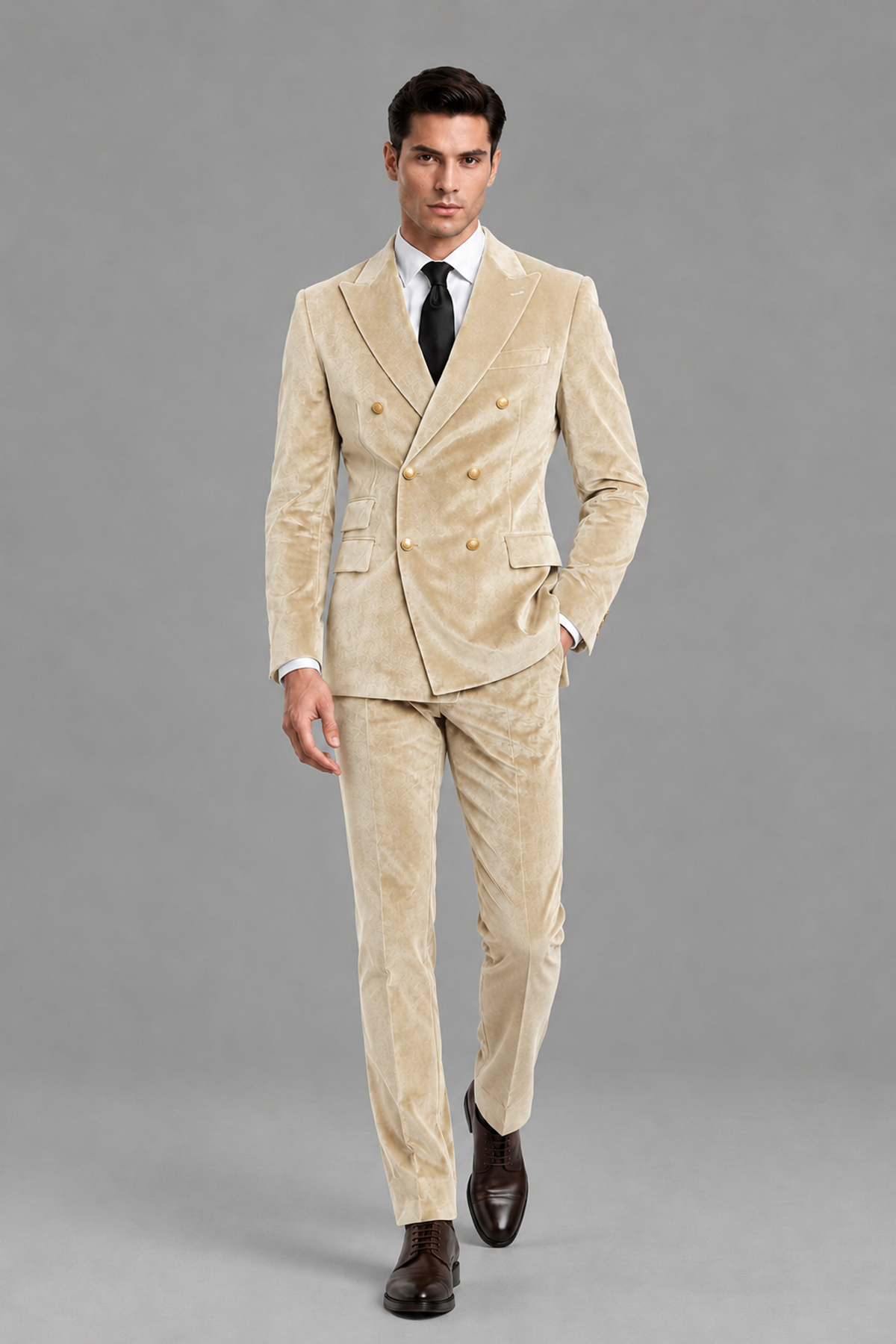 Savile Men's Champagne Velvet Double-Breasted 2-Piece Suit Set | Peak Lapel Blazer & Trousers - Champagne
