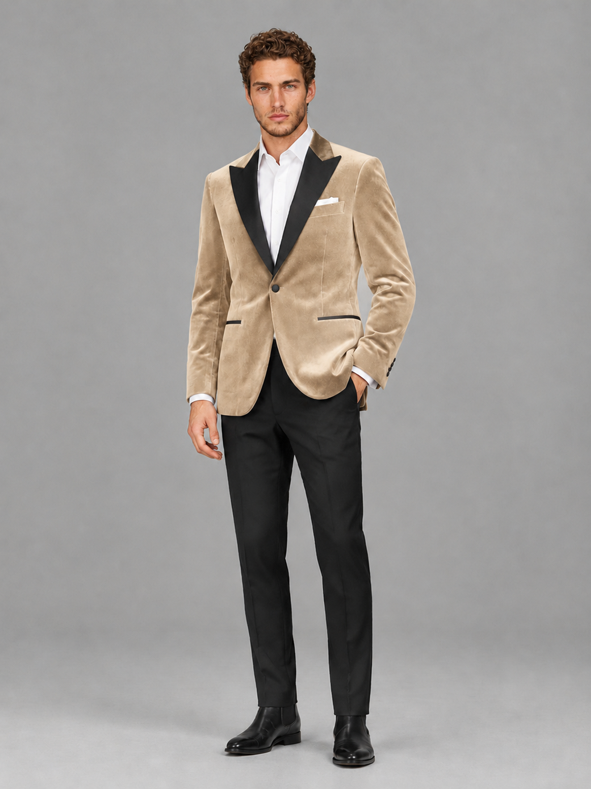 Savile Men's Champagne Velvet Peak Lapel 2-Piece Tuxedo Suit Set | Jacket & Trousers - Champagne
