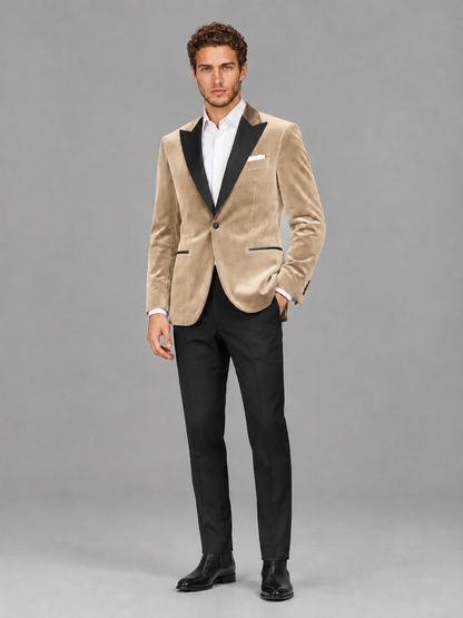 Savile Men's Champagne Velvet Peak Lapel 2-Piece Tuxedo Suit Set | Jacket & Trousers - Champagne