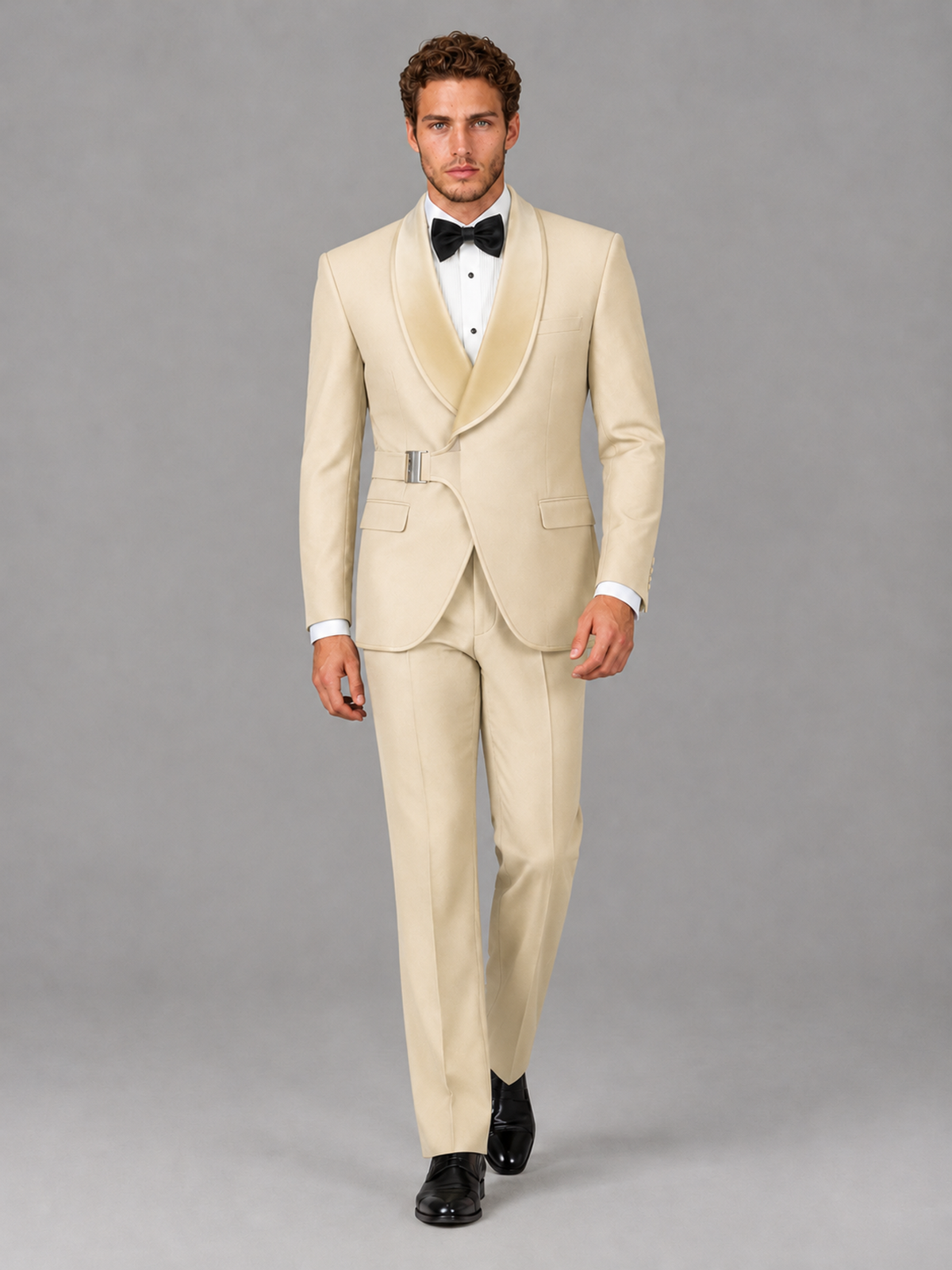 Savile Men's Champagne Velvet Shawl Lapel Tuxedo Suit – Modern Side-Buckle Dinner Jacket & Trousers 2-Piece Set - Champagne