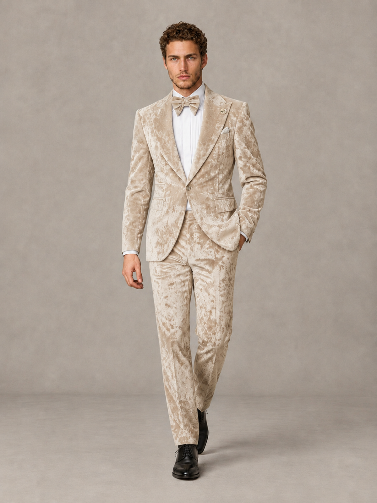 Savile Men's Champagne Crushed Velvet Peak Lapel 2-Piece Suit Set | Jacket & Trousers - Champagne - Champagne (4)