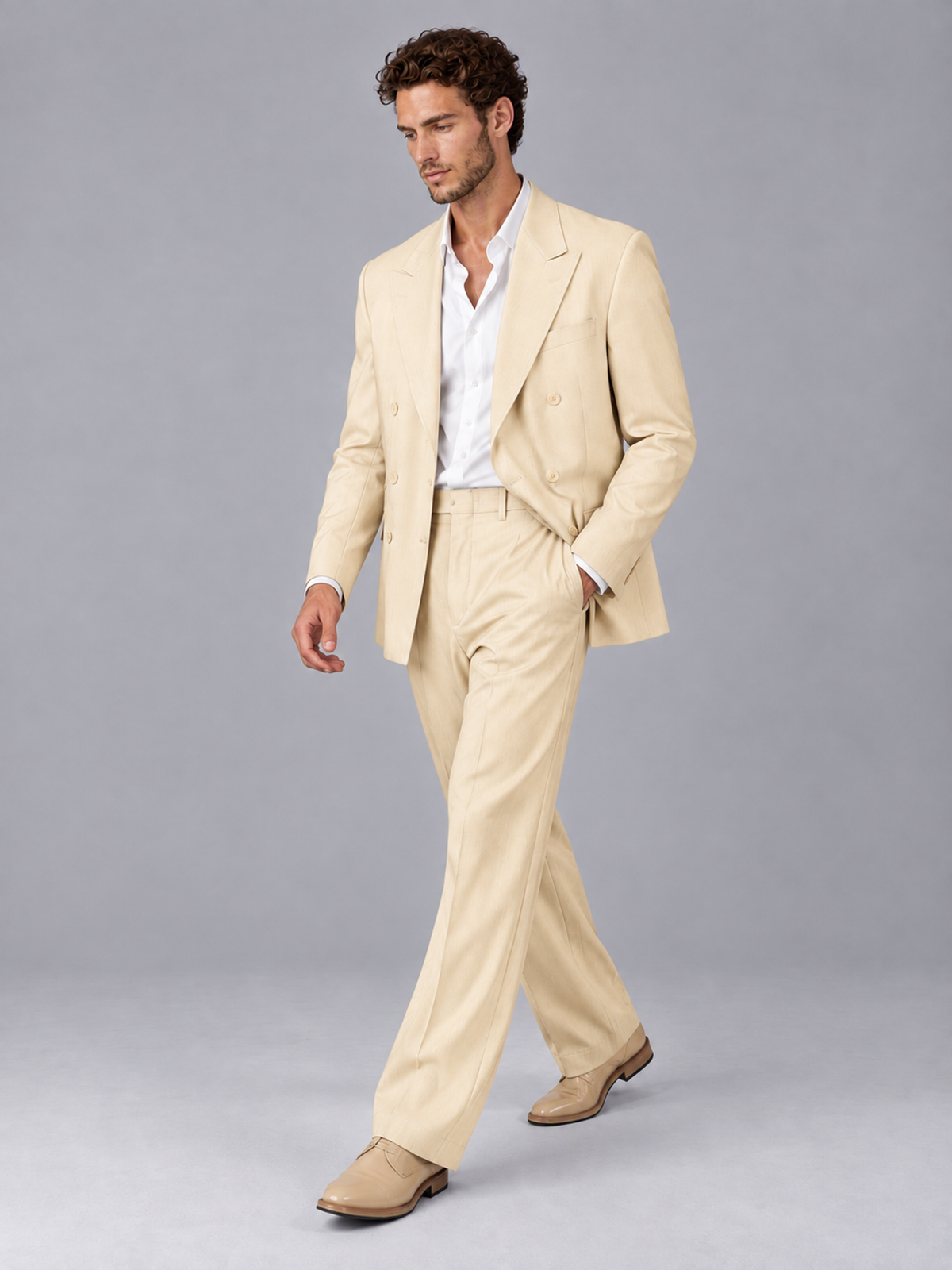 Savile Champagne Beige Double-Breasted 2-Piece Suit with Peak Lapel - Champagne