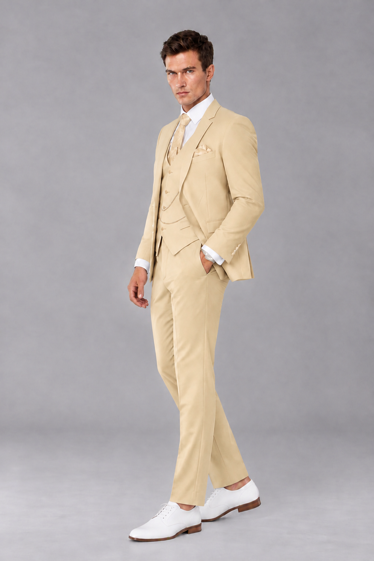 Savile Champagne 3-Piece Suit with Notch Lapel & Chain Vest - Champagne