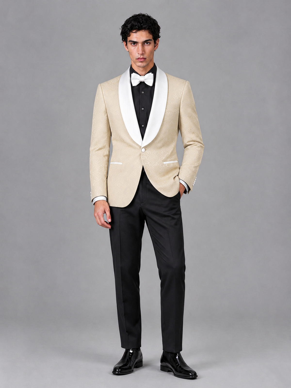 Savile Men's Champagne Jacquard White Shawl Lapel 2-Piece Tuxedo Suit Set | Jacket & Trousers - Champagne - Champagne (4)