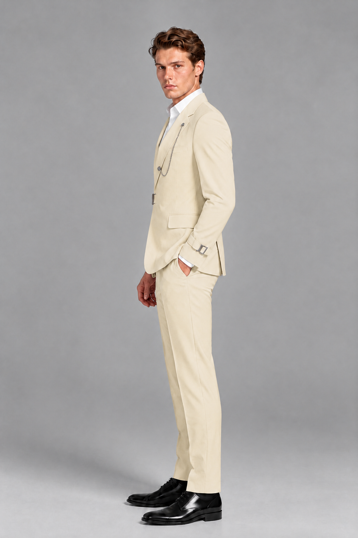 Savile Men's Champagne Buckle-Closure 2-Piece Suit Set | Peak Lapel Blazer & Trousers - Champagne